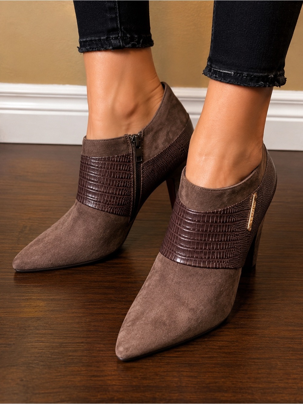 Isola Women's Brown Suede & Croc-Texture Ankle Boot